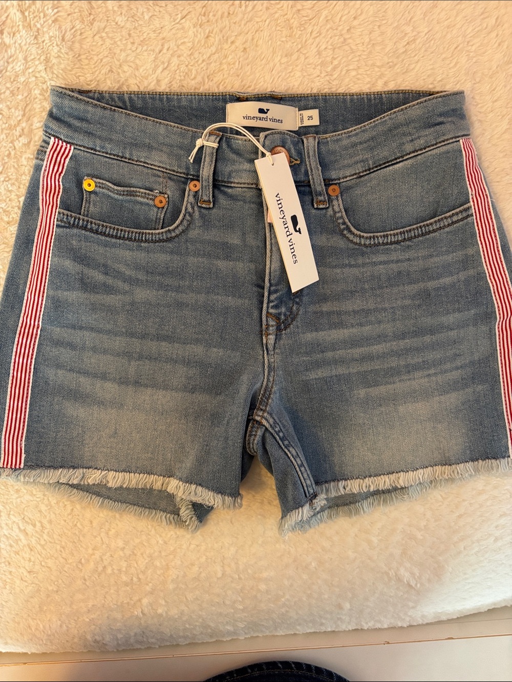 Vineyard Vines Light Blue Denim Shorts with Red & White Side Stripes